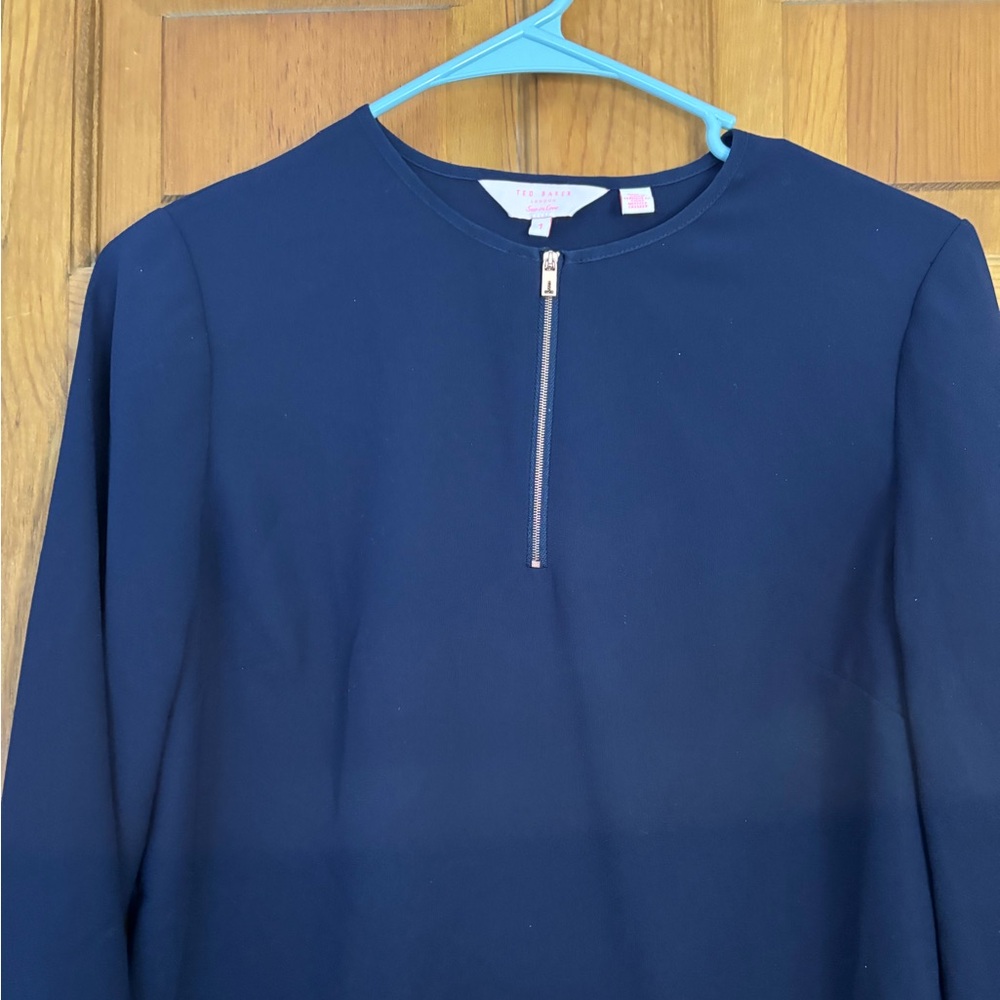 Ted Baker Crêpe Zip-Neck Beauty – Rose Gold Detail – Size 1 (US 2–4) Navy Blue